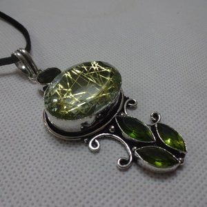 Stunning "GOLD RUTILE & PERIDOT" Handmade Sterling Pendant/Black Leather #653A